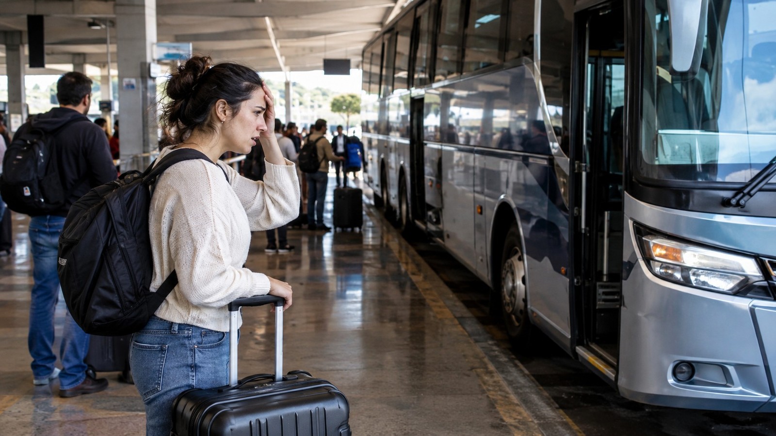 Mulher com mochila, mão na testa, e mala em estação rodoviária com ônibus.