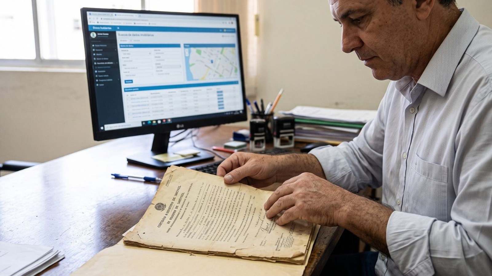 Homem examinando certidão de registro de imóvel antiga, com computador exibindo sistema digital
