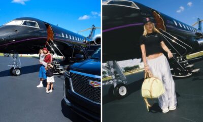 Virginia e Zé Felipe com filhos ao lado de jatinho particular preto em pista de aeroporto