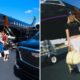 Virginia e Zé Felipe com filhos ao lado de jatinho particular preto em pista de aeroporto