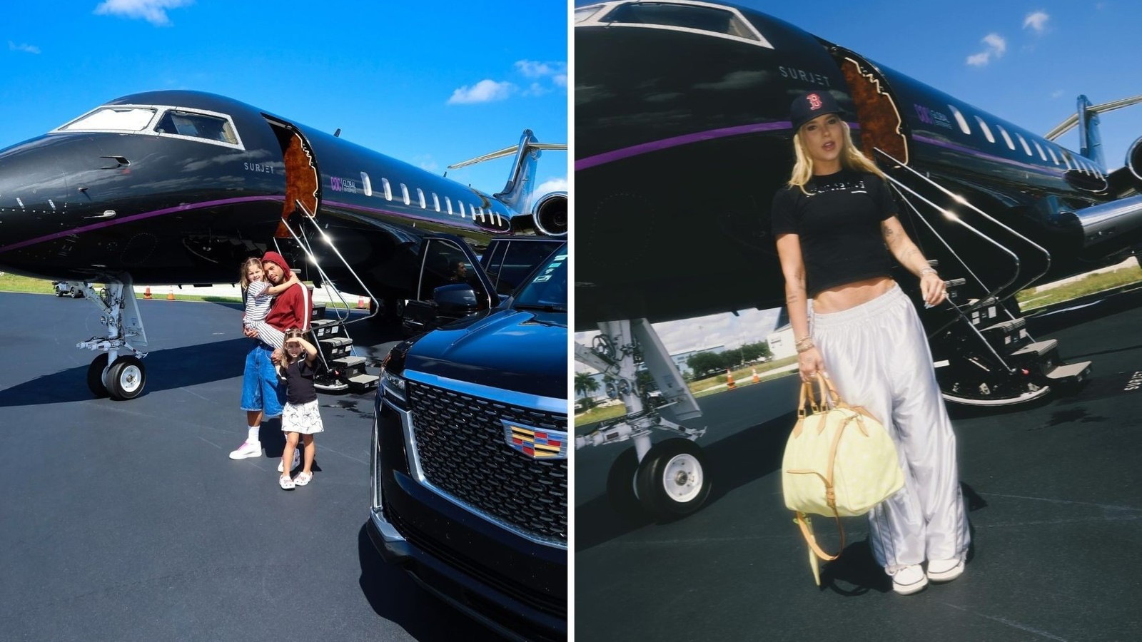 Virginia e Zé Felipe com filhos ao lado de jatinho particular preto em pista de aeroporto