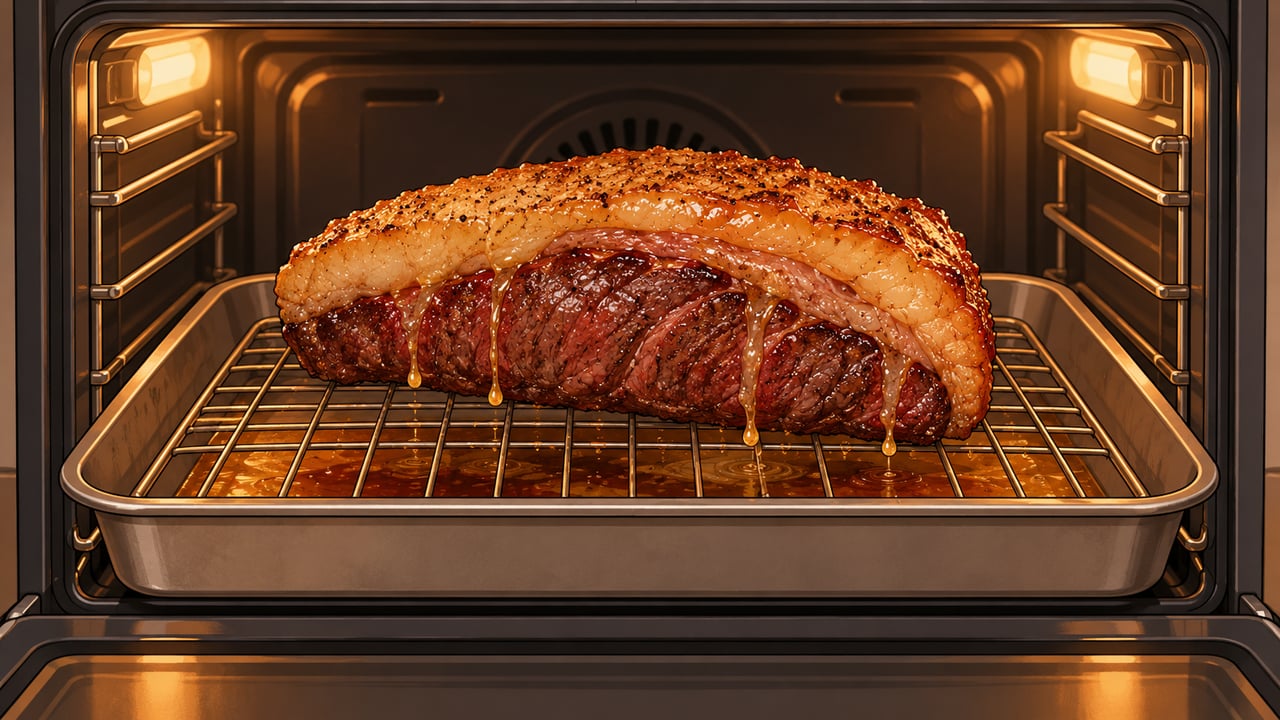 Assada com a gordura para cima e sobre uma grade, a picanha não encharca na gordura que escorre