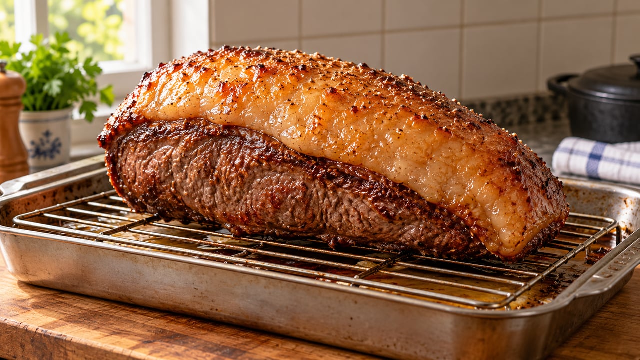 A capa de gordura protege a picanha no forno e ajuda a segurar a umidade das fibras