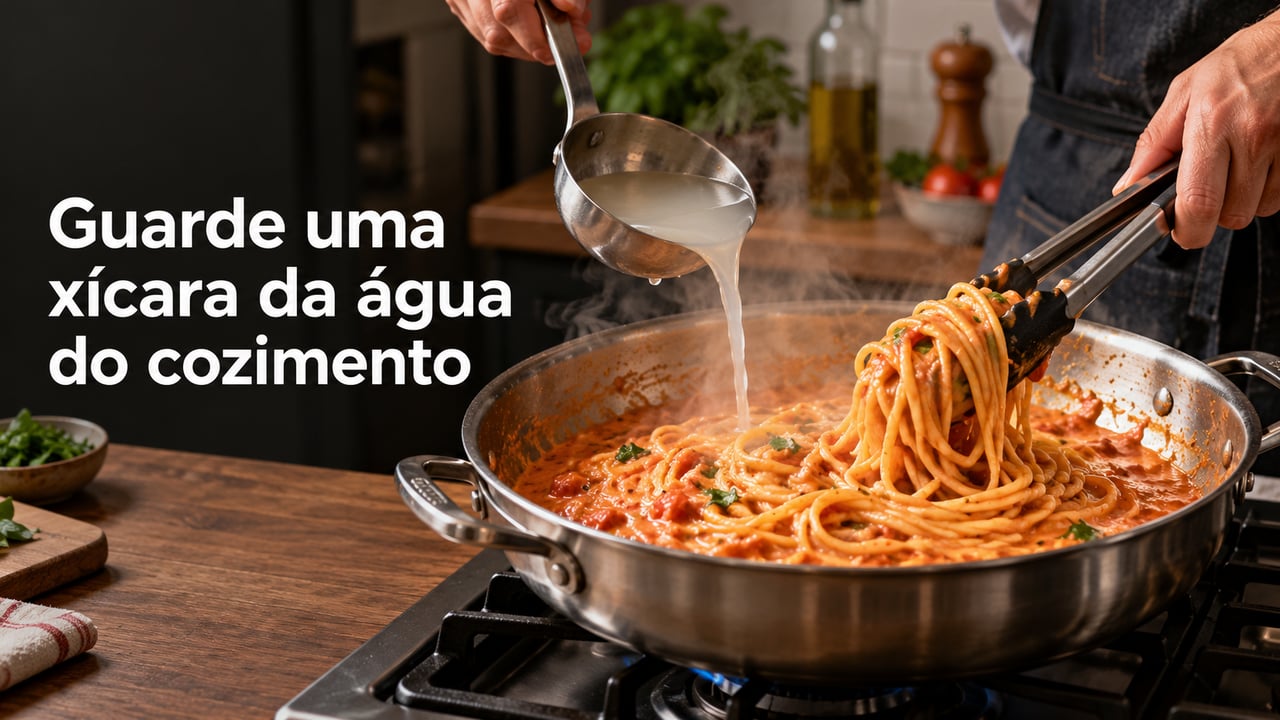 A água do cozimento carrega amido e deixa o molho cremoso e brilhante, ajudando a envolver a massa al dente