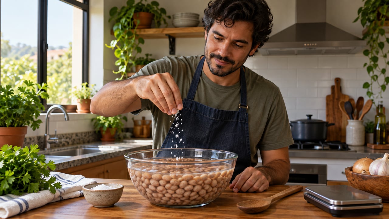 Feijão de molho em água com 1% a 2% de sal cozinha mais rápido e ganha sabor e textura