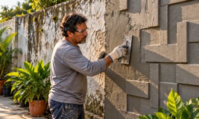 Muro antigo ganha cara nova com concreto aparente em relevo, mas exige base firme e proteção ao manusear cimento