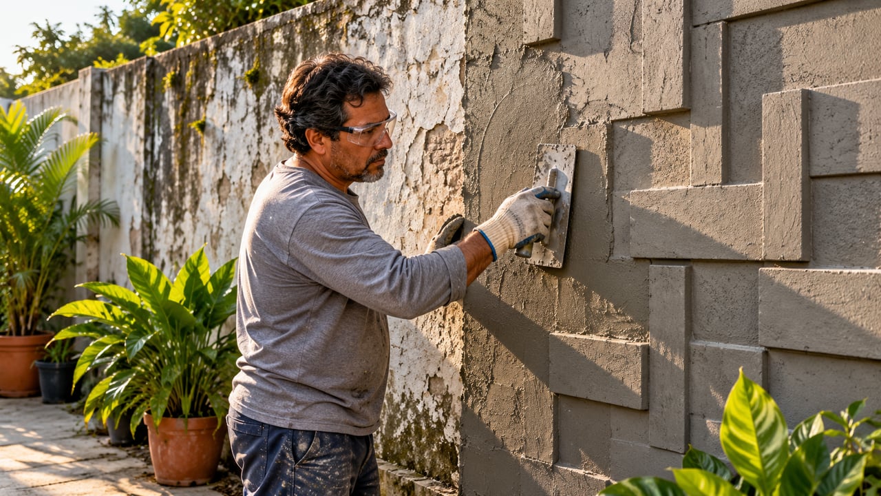 Muro antigo ganha cara nova com concreto aparente em relevo, mas exige base firme e proteção ao manusear cimento