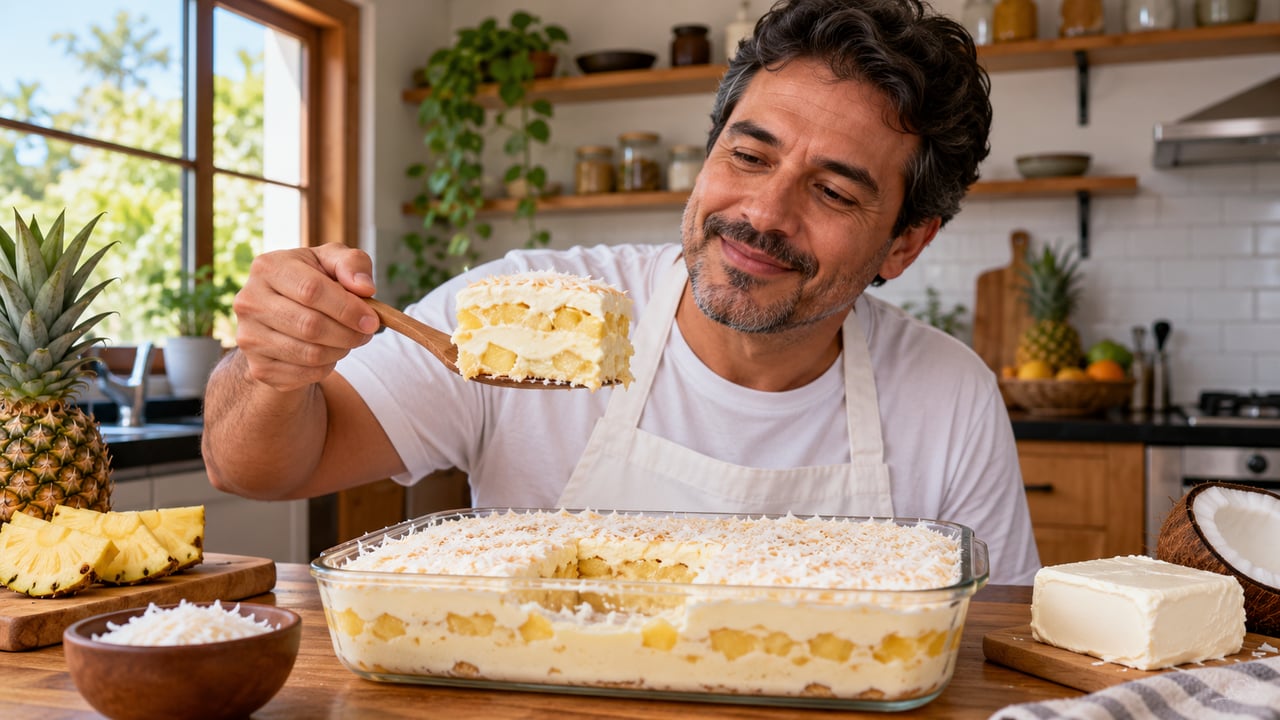 O cream cheese deixa o gelado de abacaxi com coco mais firme, com corte limpo e menos enjoativo