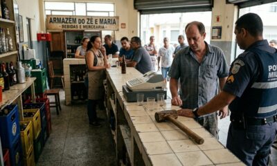 Policial e homem conversam em balcão de bar com martelo. Placa: ARMAZÉM DO ZÉ E MARIA