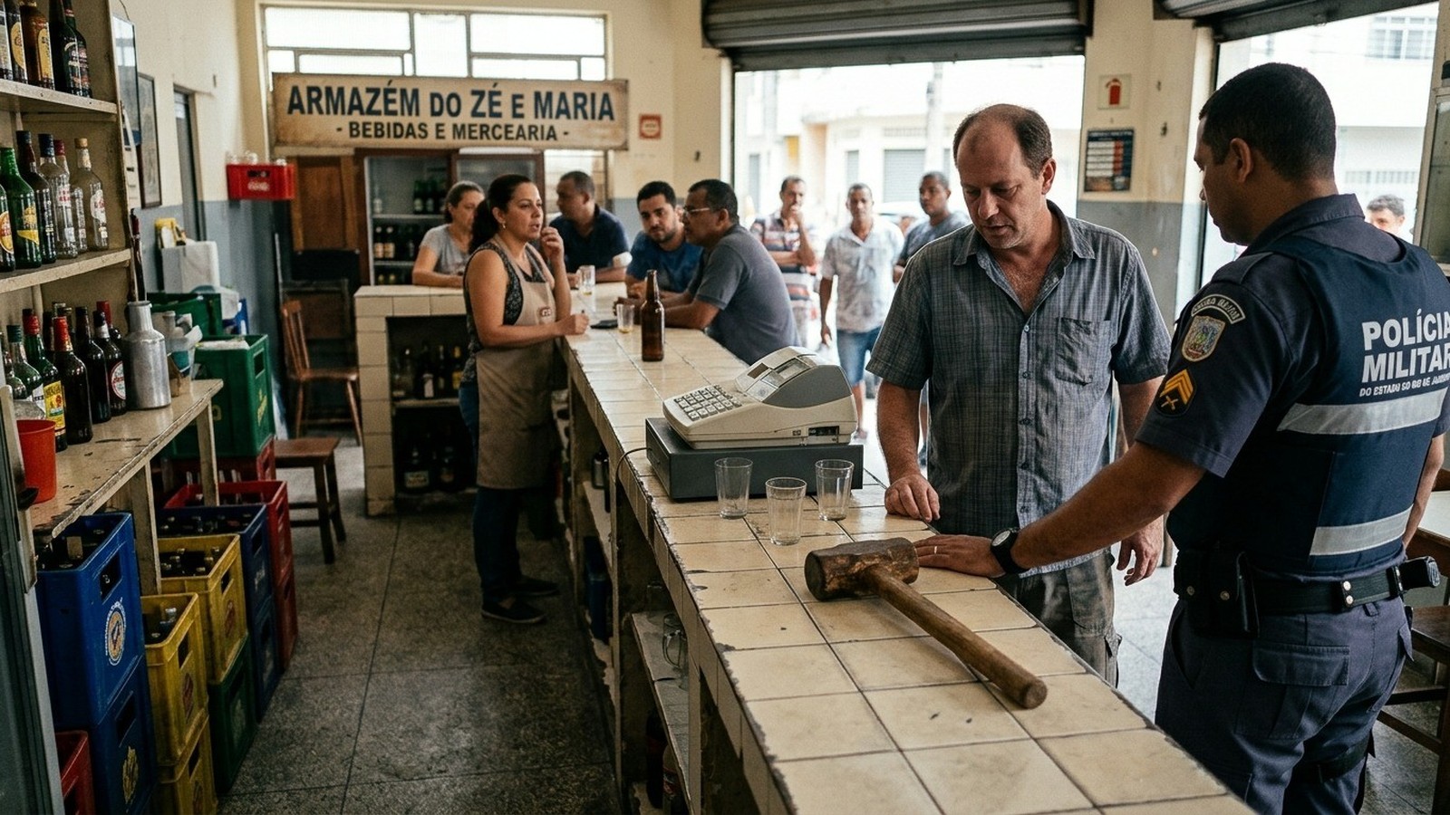 Policial e homem conversam em balcão de bar com martelo. Placa: ARMAZÉM DO ZÉ E MARIA