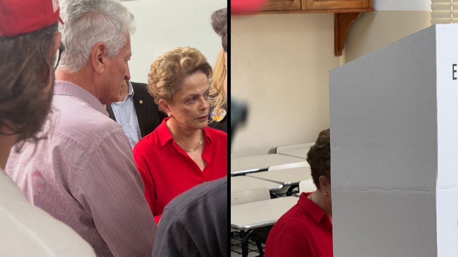 Dilma Rousseff, de camisa vermelha, vota em cabine eleitoral em Belo Horizonte