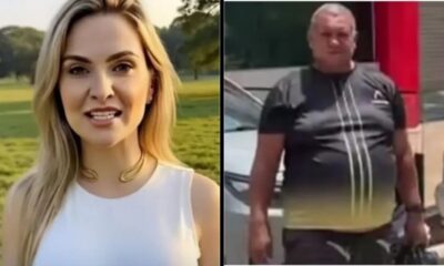 Mulher loira sorrindo à esquerda, homem de camiseta escura com listras brancas à direita