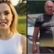 Mulher loira sorrindo à esquerda, homem de camiseta escura com listras brancas à direita