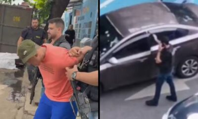 Imagem dividida: prisão de homem por policiais e homem ao lado de carro