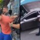 Imagem dividida: prisão de homem por policiais e homem ao lado de carro