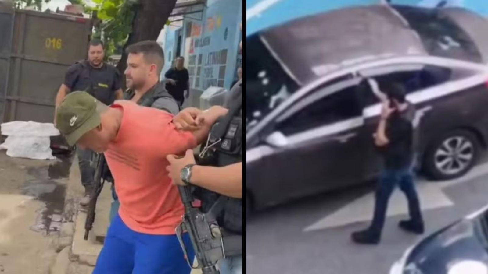 Imagem dividida: prisão de homem por policiais e homem ao lado de carro