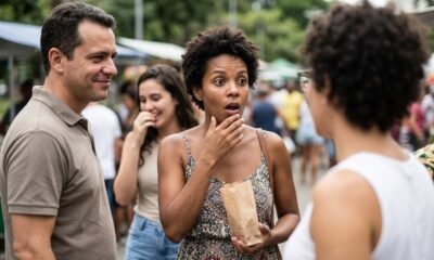 Mulher de cabelo cacheado expressa surpresa segurando um saco de papel em um mercado