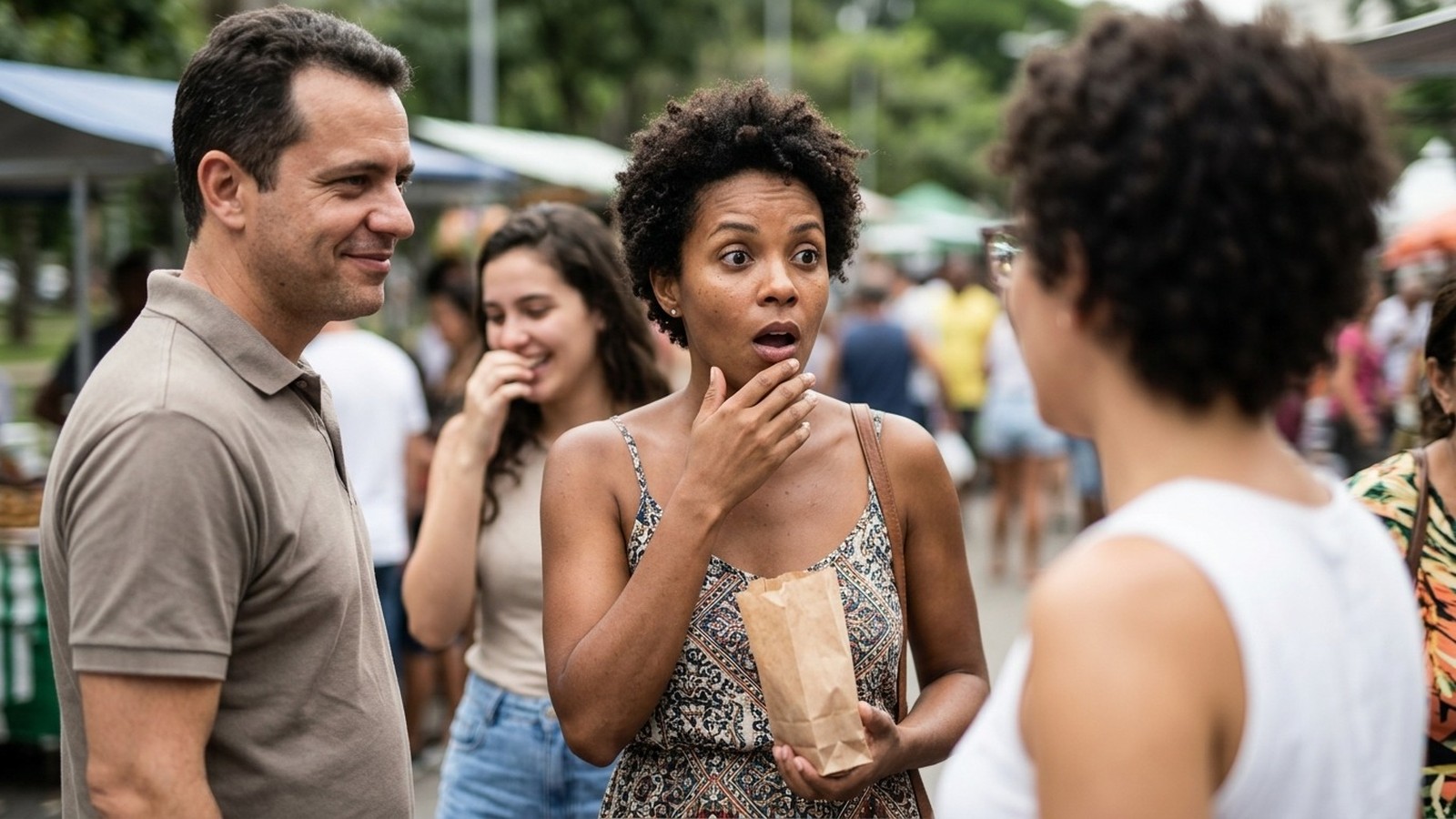 Mulher de cabelo cacheado expressa surpresa segurando um saco de papel em um mercado