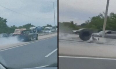 Imagem dividida: carro com fumaça na roda esquerda, pneu solto rolando na pista direita