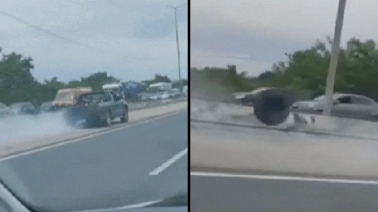 Imagem dividida: carro com fumaça na roda esquerda, pneu solto rolando na pista direita