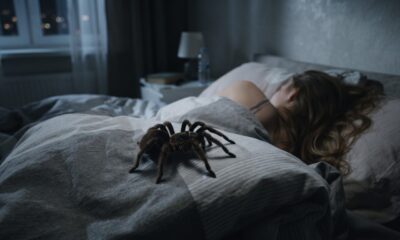 Caranguejeira grande sobre edredom de cama com pessoa dormindo e janela ao fundo à noite