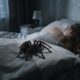 Caranguejeira grande sobre edredom de cama com pessoa dormindo e janela ao fundo à noite