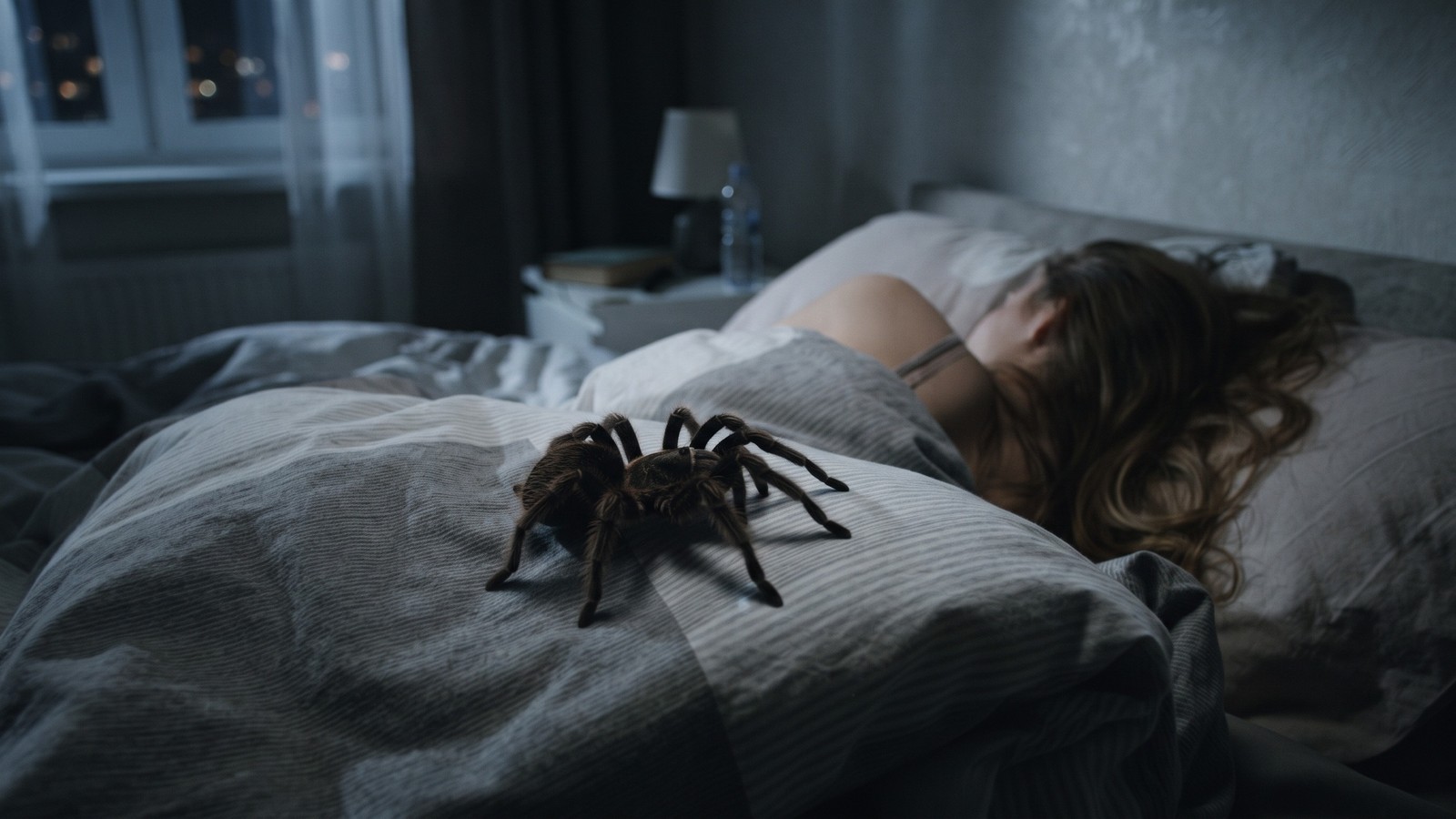 Caranguejeira grande sobre edredom de cama com pessoa dormindo e janela ao fundo à noite