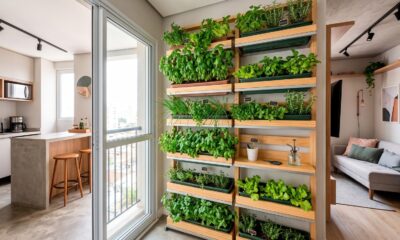 Horta vertical em apartamento com diversos temperos e folhagens, cozinha e varanda ao fundo. Imagem ilustrativa de IA