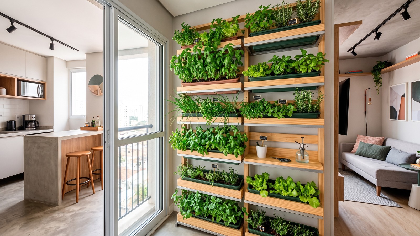Horta vertical em apartamento com diversos temperos e folhagens, cozinha e varanda ao fundo. Imagem ilustrativa de IA