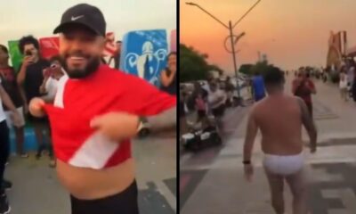 Homem cumpre aposta política: em uma foto sorri de camisa, na outra caminha de cueca em orla
