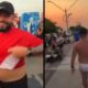 Homem cumpre aposta política: em uma foto sorri de camisa, na outra caminha de cueca em orla