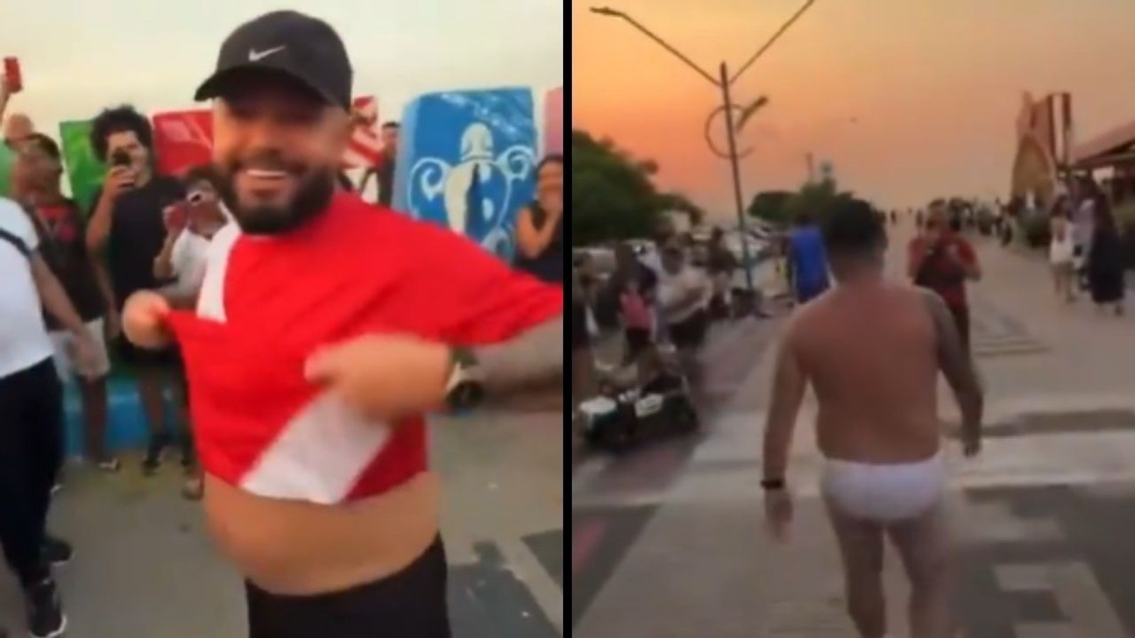 Homem cumpre aposta política: em uma foto sorri de camisa, na outra caminha de cueca em orla