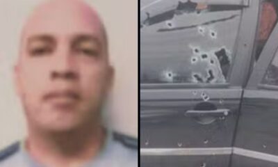Retrato borrado de homem e carro com porta e janela perfuradas por balas