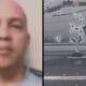 Retrato borrado de homem e carro com porta e janela perfuradas por balas