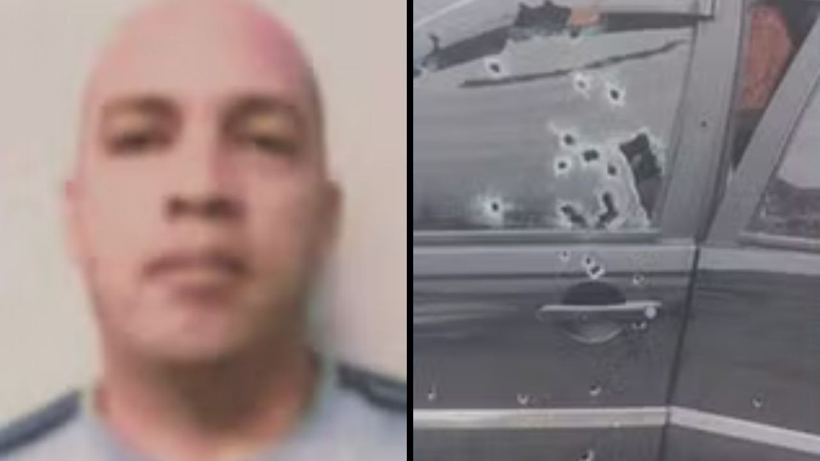 Retrato borrado de homem e carro com porta e janela perfuradas por balas