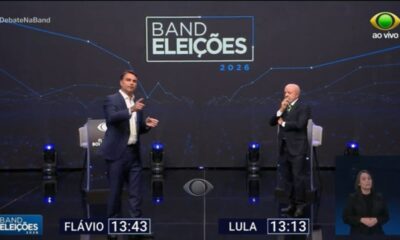 Flávio Bolsonaro apontando, Lula pensativo, em debate 'Band Eleições 2026', com intérprete de libras