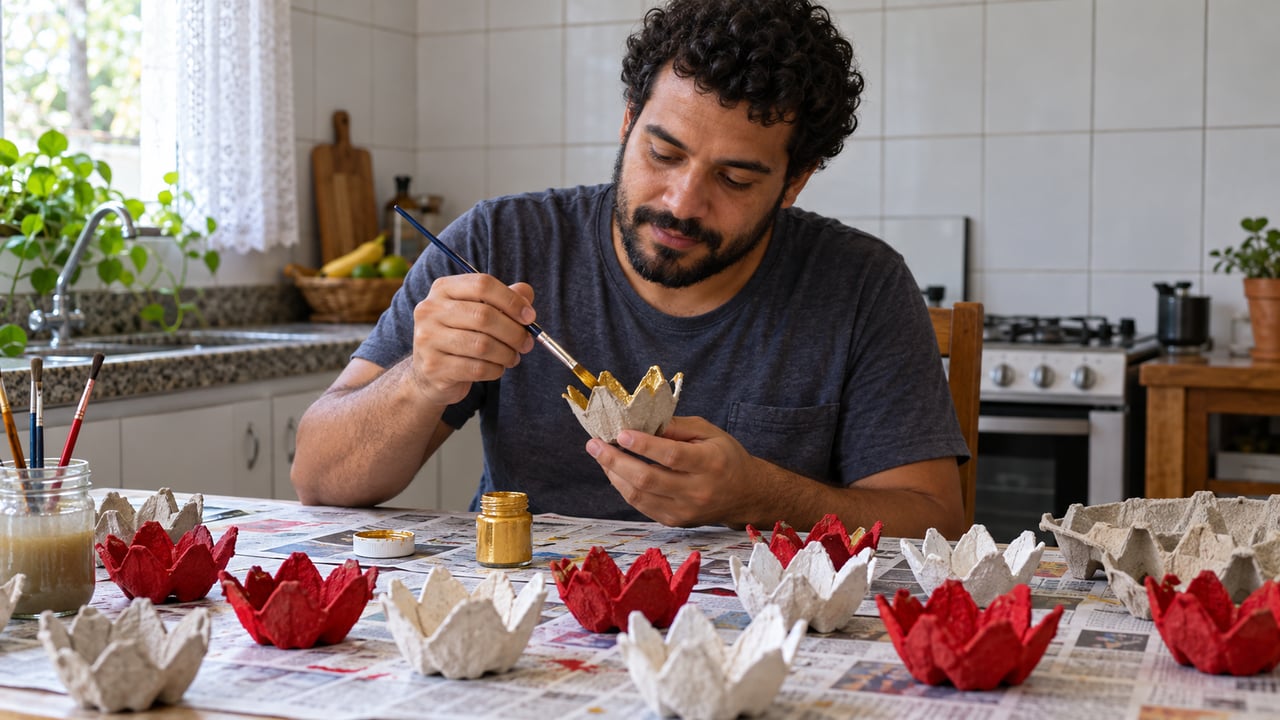Duas demãos de tinta escondem a textura do papelão e um toque metálico nas pontas dá acabamento de vitrine