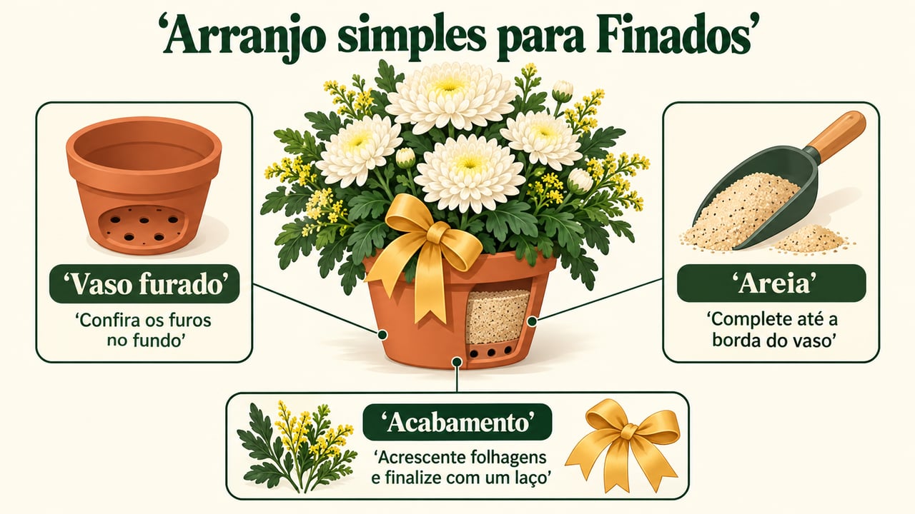 Vaso furado, areia até a borda e folhagens formam a base do arranjo simples
