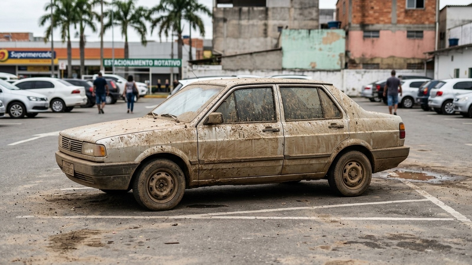 Carro sedan cinza coberto de lama estacionado, com outros carros, pessoas e prédios ao fundo.