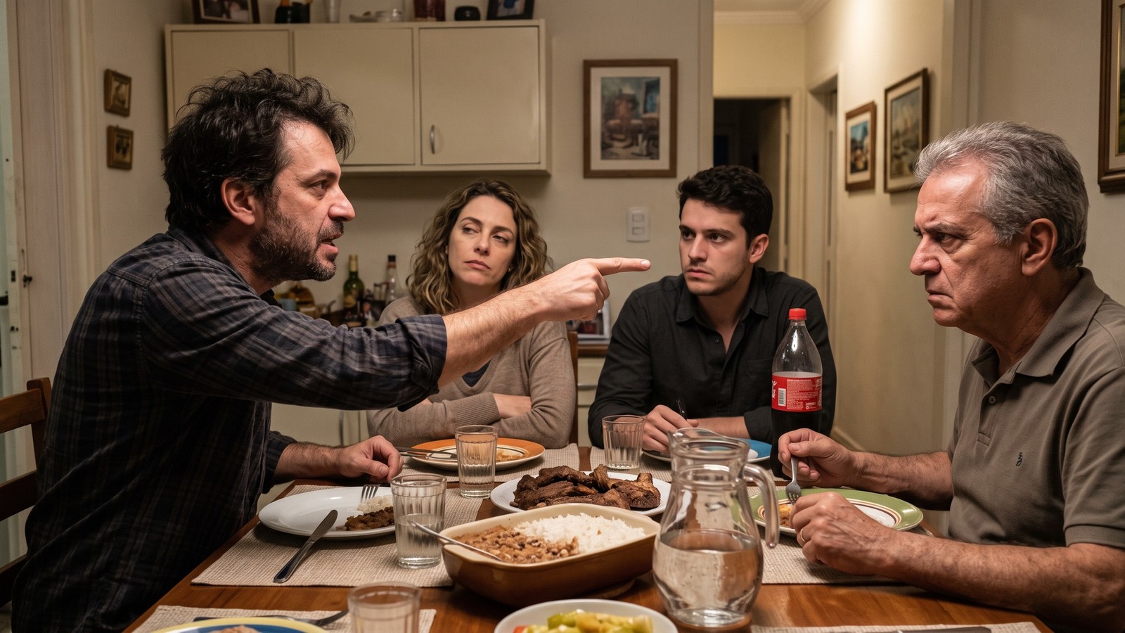 Quatro pessoas em uma mesa de jantar, homem aponta o dedo durante conversa