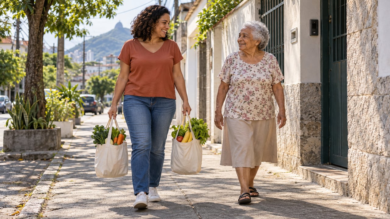 Ajudar uma vizinha idosa com as compras é uma forma de levar a solidariedade para a rotina