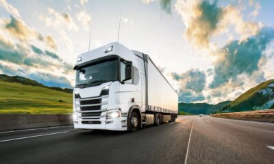 Caminhão de carga branco com carreta em movimento numa rodovia, com colinas e céu nublado