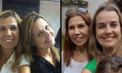 Díptico de selfies: mãe e filha, loira e ruiva, sorrindo