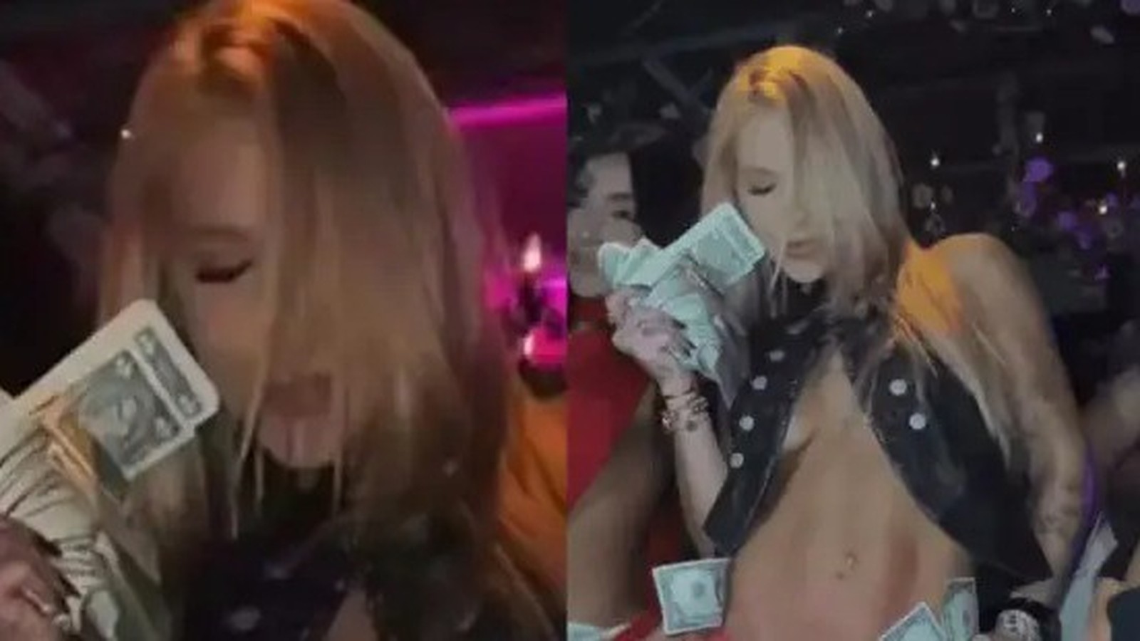 Mulher loira em festa, segurando maços de dólares e com algumas notas na cintura