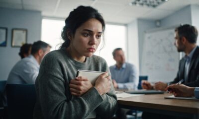Jovem mulher ansiosa segura caderno no peito em sala de reunião