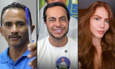 Três retratos: Manoel Gomes com caneta, Thammy Miranda sorrindo, e mulher ruiva com colar