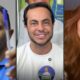 Três retratos: Manoel Gomes com caneta, Thammy Miranda sorrindo, e mulher ruiva com colar
