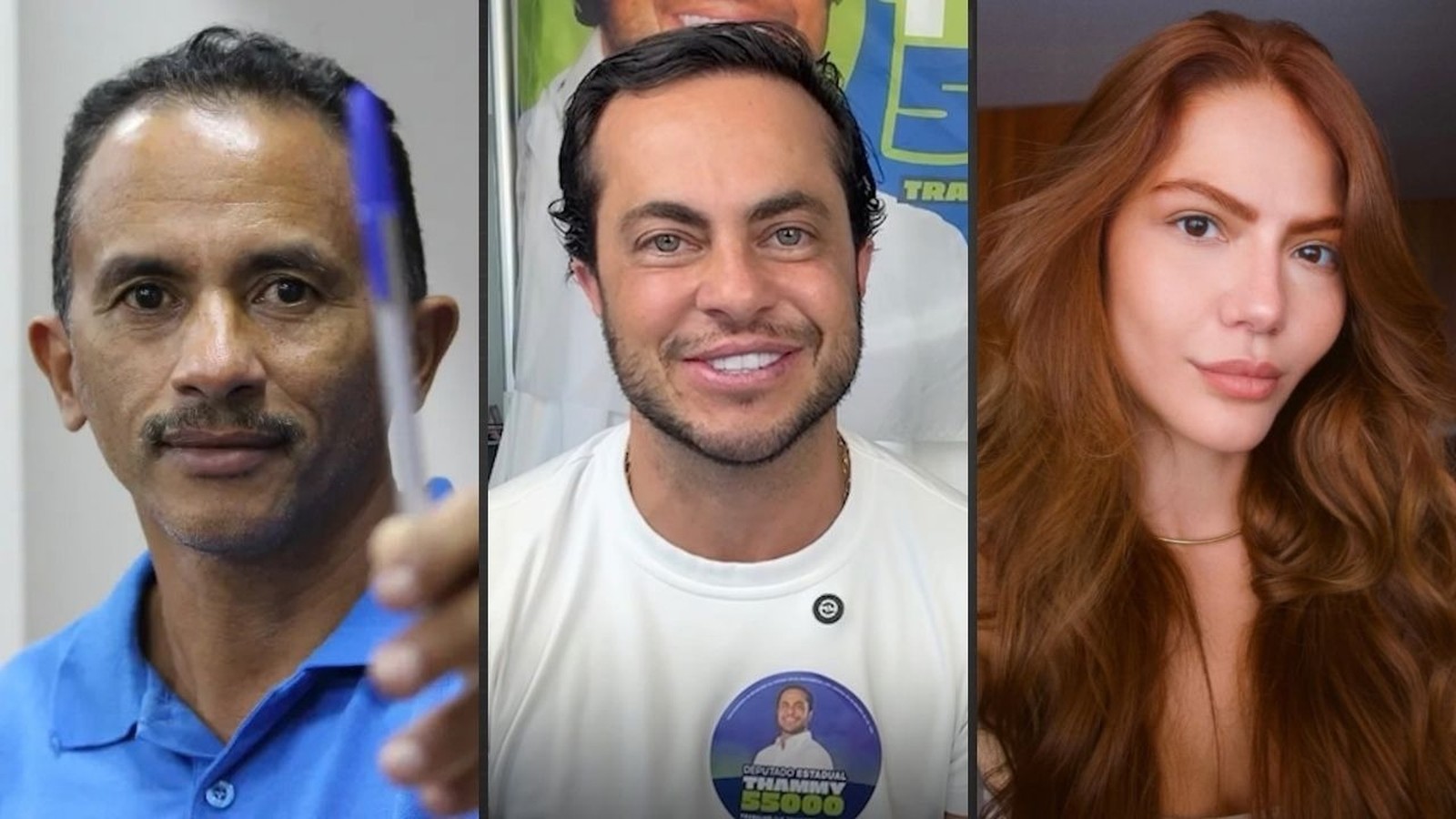 Três retratos: Manoel Gomes com caneta, Thammy Miranda sorrindo, e mulher ruiva com colar