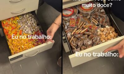 Duas imagens mostram gavetas cheias de doces embalados no trabalho com texto "Eu no trabalho:"