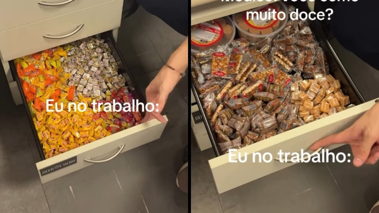 Duas imagens mostram gavetas cheias de doces embalados no trabalho com texto "Eu no trabalho:"